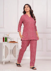 Women's printed rayon night suit set, three-quarter sleeves, pyjama style on hanging rack